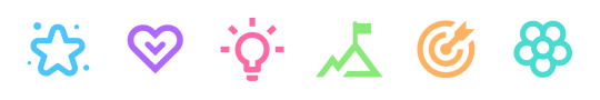 colourful graphic icons of a star, heart, lightbulb, mountain, bullseye and flower