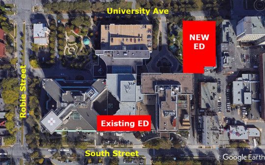 Ariel view of the IWK Health Centre indicating the locations of the old and new Emergency Departments
