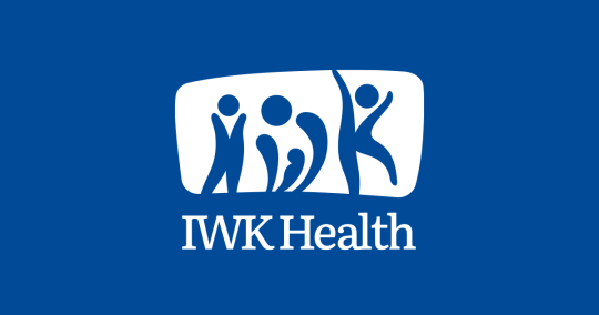 White IWK logo on blue background