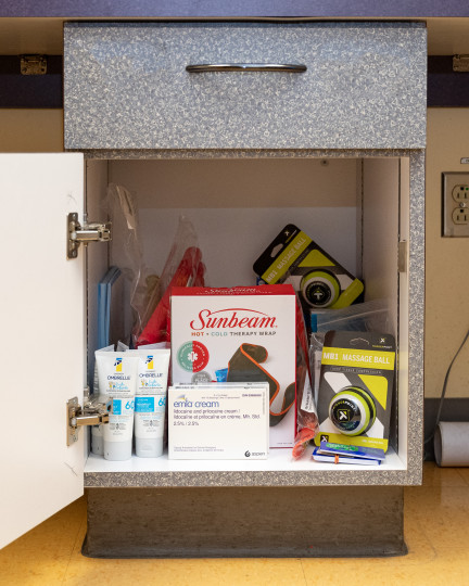 Cupboard open and filled with products to hep ease pain.