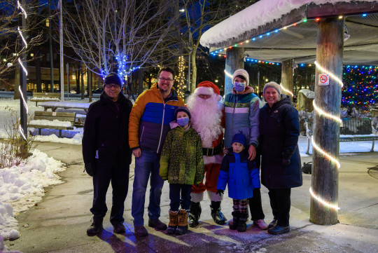 Calum, Lauchlin, Mom and Dad with Santa, Krista Jangaard and Chris Fowels