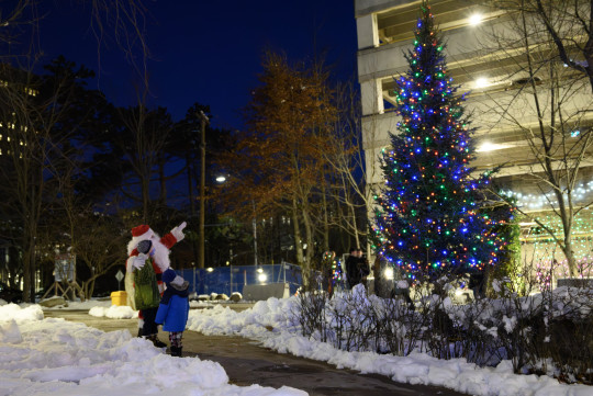 Calum, Lauchlin and Santa looking at Christmas tree