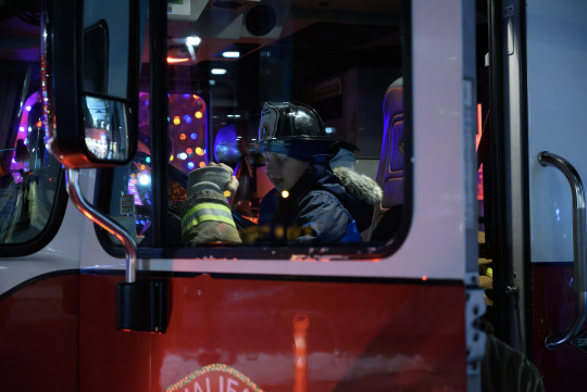 Calum and Lauchlin in a fire truck