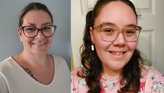 Two photos side by side of smiling women with glasses on.