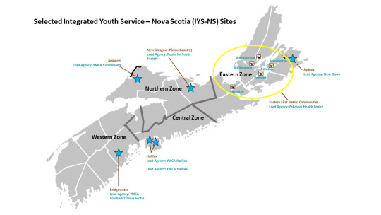 Map of Nova Scotia indicating selected IYS sites, including Halifax, Bridgewater, Amherst, New Glasgow, Sydney, and Eastern First nations Communities of Eskasoni, Membertou, Pagtnkek, Wagmatcook, and We'koqma'q
