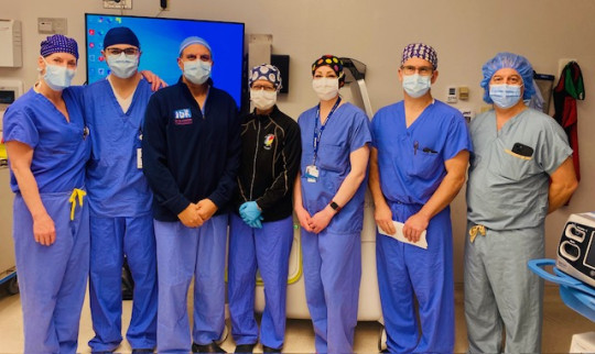Pictured from left to right - Jen Hoyt, Medtronic territory manager; Dr. Ahmad Aleumi, IWK pediatric spine fellow; Dr. Ron El-Hawary, orthopedic surgeon, IWK Health; Dr. Susan Morris, neurophysiologist, IWK Health, Janine Johnson, MAZOR robot specialist, Medtronic, Dr. Andrew Glennie, orthopedic surgeon, QEII and Dr. Ben Orlik, orthopedic surgeon, IWK Health. (Source: Medtronic)
