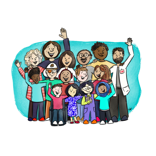 Staff and patients smiling and waving