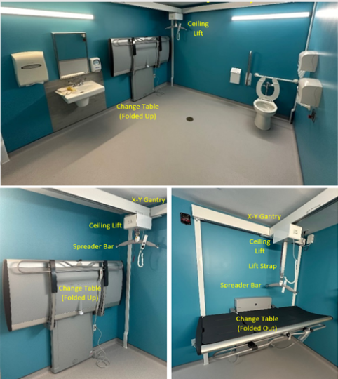 Accessible washroom with diagram markings to show features