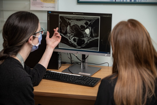 Two female doctors look at an ultrasound scan on a computer screen.