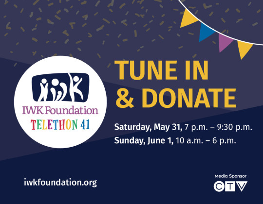 A Blue graphic with bunting in the corner. The words Tune in and donate ink Foundation Telethon 41.