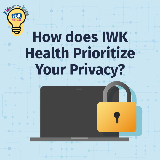 How does IWK Health Prioritize Your Privacy? A laptop and padlock. In corner there is a lightbulb with I Want to Know and the IWK logo.
