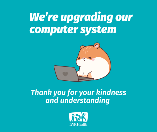 We're upgrading our computer system. Thank you for your kindness and understanding. Gerbil at a laptop. IWK log.