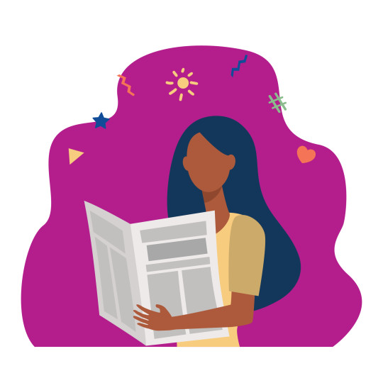 Illustration of a young woman reading a newspaper