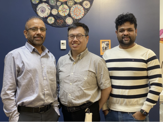 Pediatric cardiologists Dr. Santokh Dhillon, left, and Dr. Robert Chen, centre, are teaming up with AI expert Mohammed Shameer Iqbal to create a specialized stethoscope to screen heart murmurs in young patients. - SUPPLIED BY MOHAMMED SHAMEER IQBAL