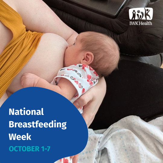 A baby breastfeeds. National Breastfeeding Week. October 1-7.