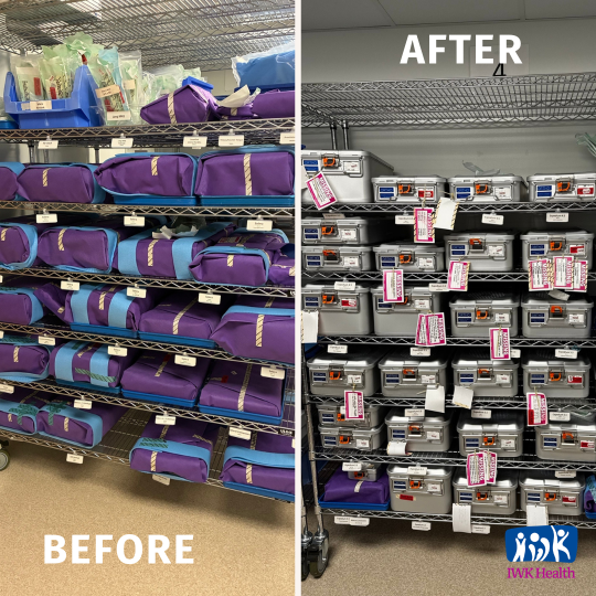 Before picture shows blue and purple wrapped bundles on a shelf. After picture shows stainless steel on shelf