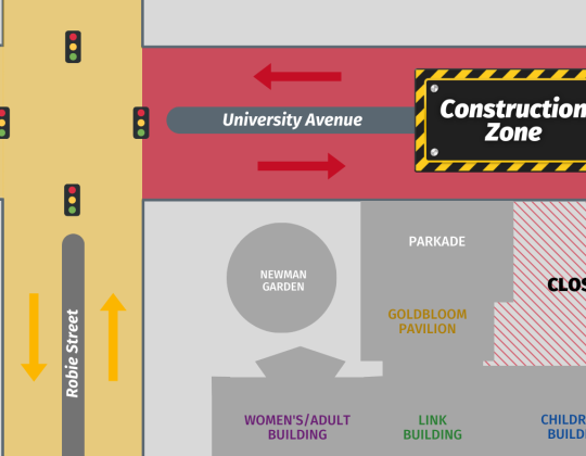 Map of University Ave. marking a constriction zone near the IWK Parkade
