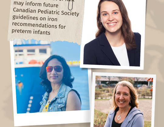Three separate polaroids of women researchers are placed on a pale brown background. A post it reads New research out of IWK may inform future Canadian Pediatric Society guidelines on iron recommendations for preterm infants