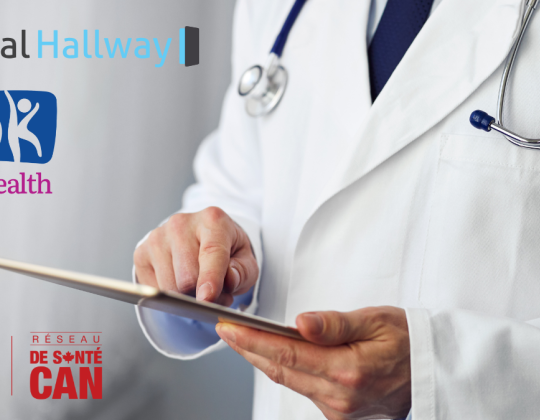 A doctor holds a clip board, the logos of Ink and Can Health Care overlayed.