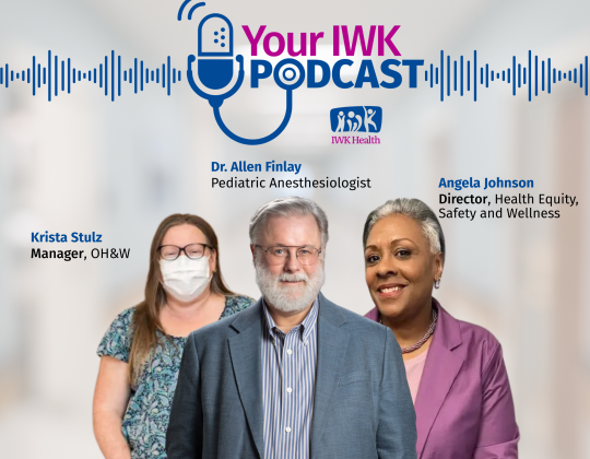 Your IWK podcast issue number one. Under the logo of a stethoscope/microphone are the pictures of Krista Stiltz, Alen Finley and Angela Johnson.