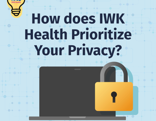 How does IWK Health Prioritize Your Privacy? A laptop and padlock. In corner there is a lightbulb with I Want to Know and the IWK logo.