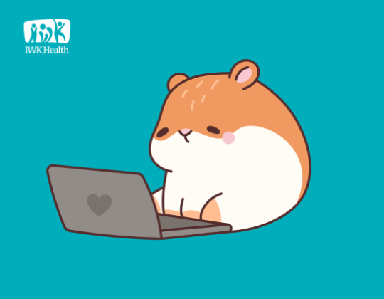 A cartoon hamster sits at a laptop that has a heart logo on it.