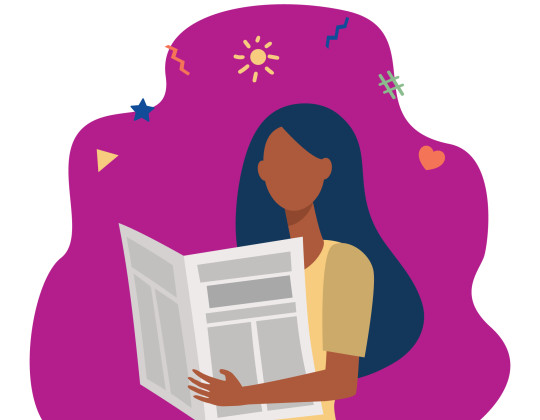 Illustration of a young woman reading a newspaper