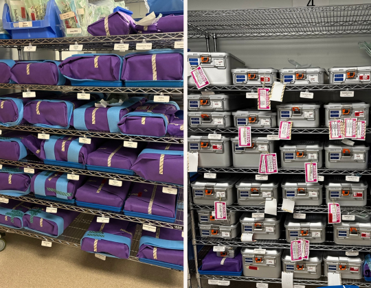 Before picture shows blue and purple wrapped bundles on a shelf. After picture shows stainless steel on shelf
